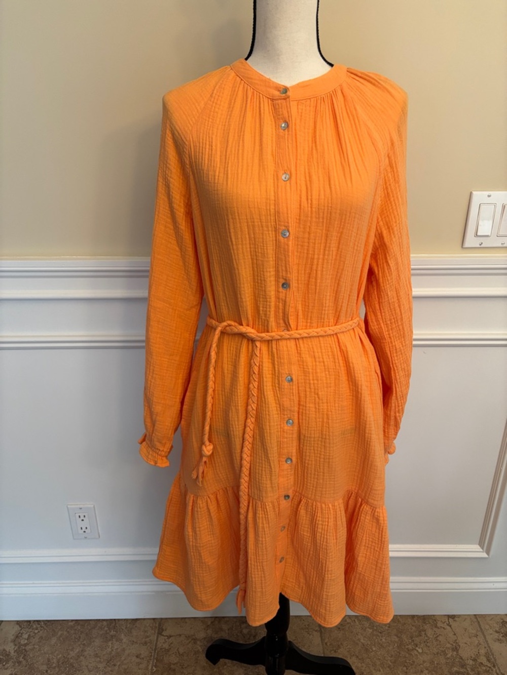 Magaschoni Bright Orange Long-Sleeve Button-Front Tiered Dress with Braided Belt